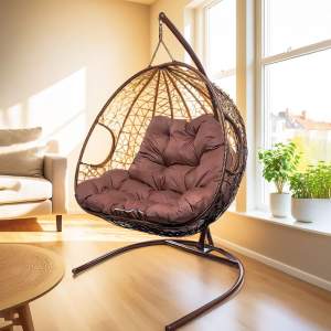 Кресло подвесное Кокон "Для двоих" ротанг коричневый, подушка цвет в ассортименте, 120*125*190см