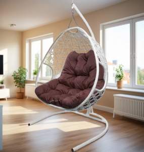 Кресло подвесное Кокон "Для двоих" ротанг белый, подушка цвет в ассортименте, 120*125*190см